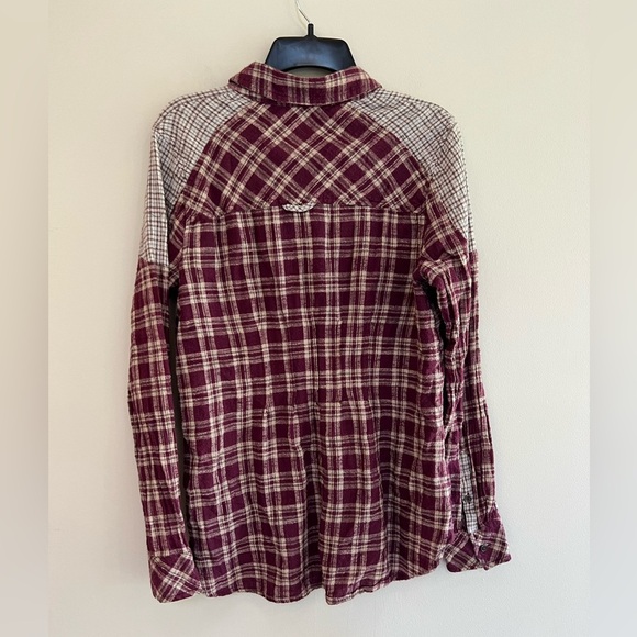 Free People Two-Tone Plaid Flannel Button Down, Raspberry Red & Light Grey, S - Picture 2 of 9